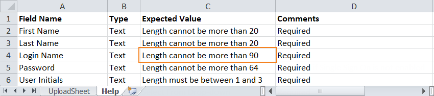 The Help tab of the Import User from Excel template file.