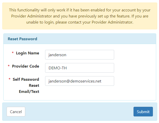 Screenshot showing the reset password page displayed after clicking forgot password?