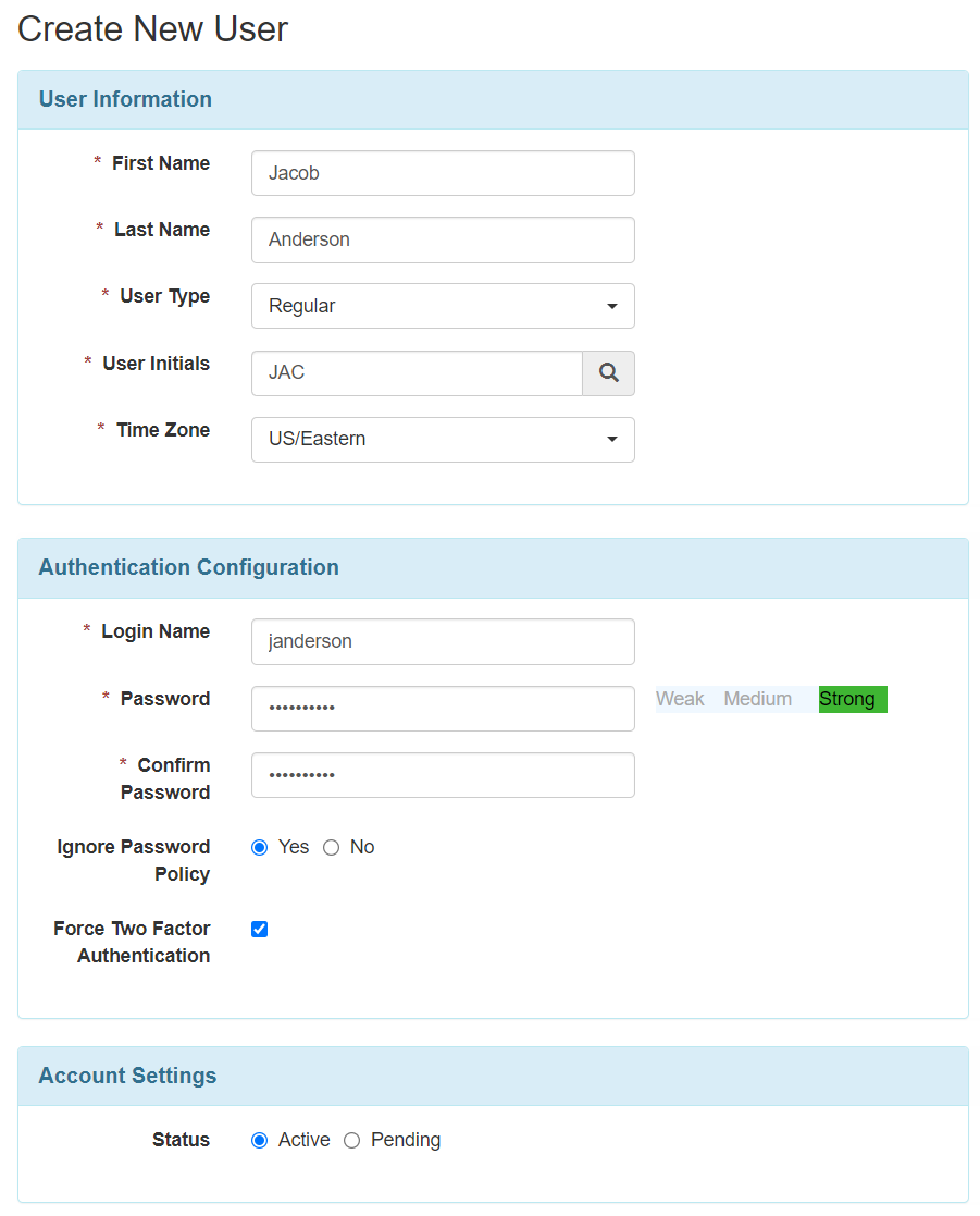 Screenshot showing the create new user form.