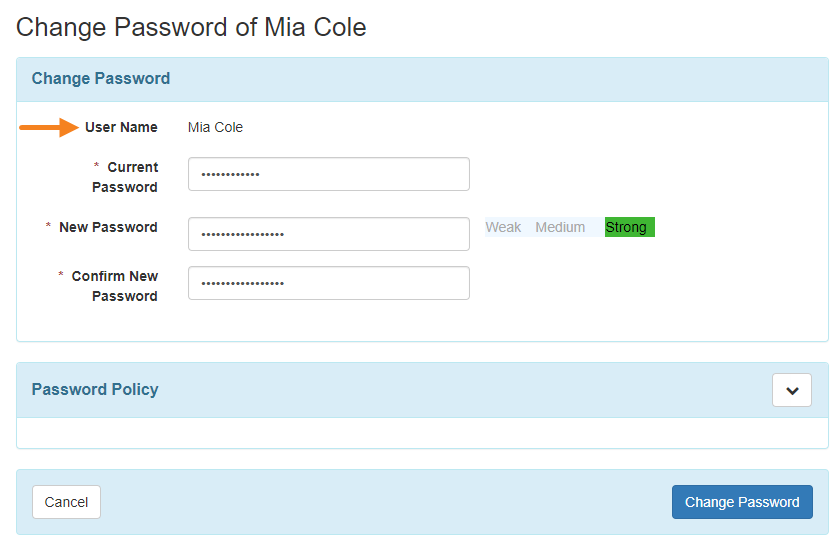 Screenshot showing the change password page.