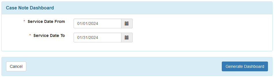 Screenshot of the Case Note Dashboard page with date selections