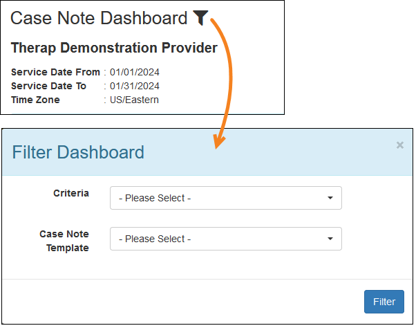 Screenshot of the Filter Dashboard window of Case Note Dashboard