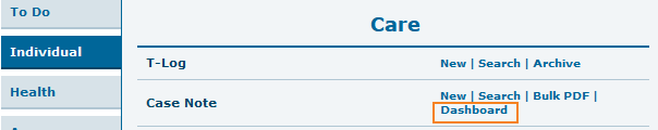 Screenshot of the Dashboard link for the Case Note option on the Individual tab