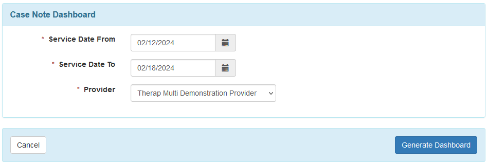 Screenshot of the Case Note Dashboard page with date and provider selections