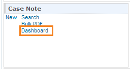 Screenshot of the Dashboard link for the Case Note option on the Individual tab