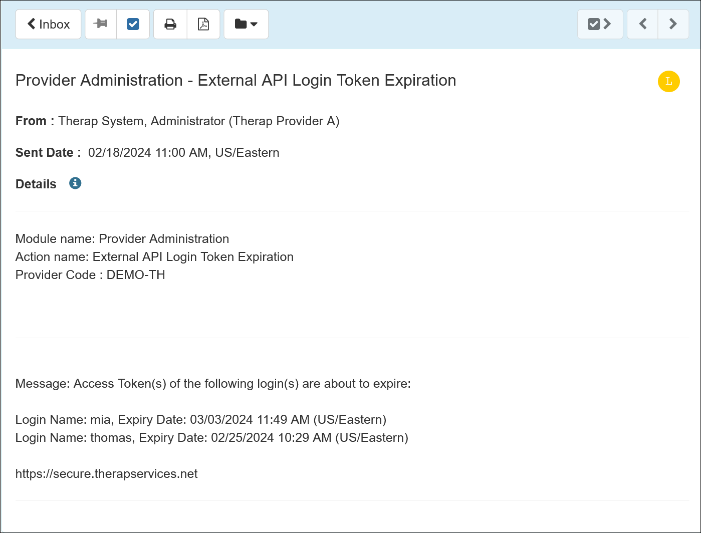 Screenshot showing the notification for External API Login Token expiring.