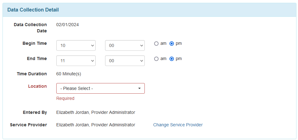 Screenshot of the error message for the Location field on an ISP Data Collection form