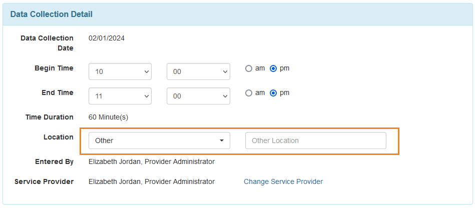 Screenshot of the Other Location field on an ISP Data Collection form