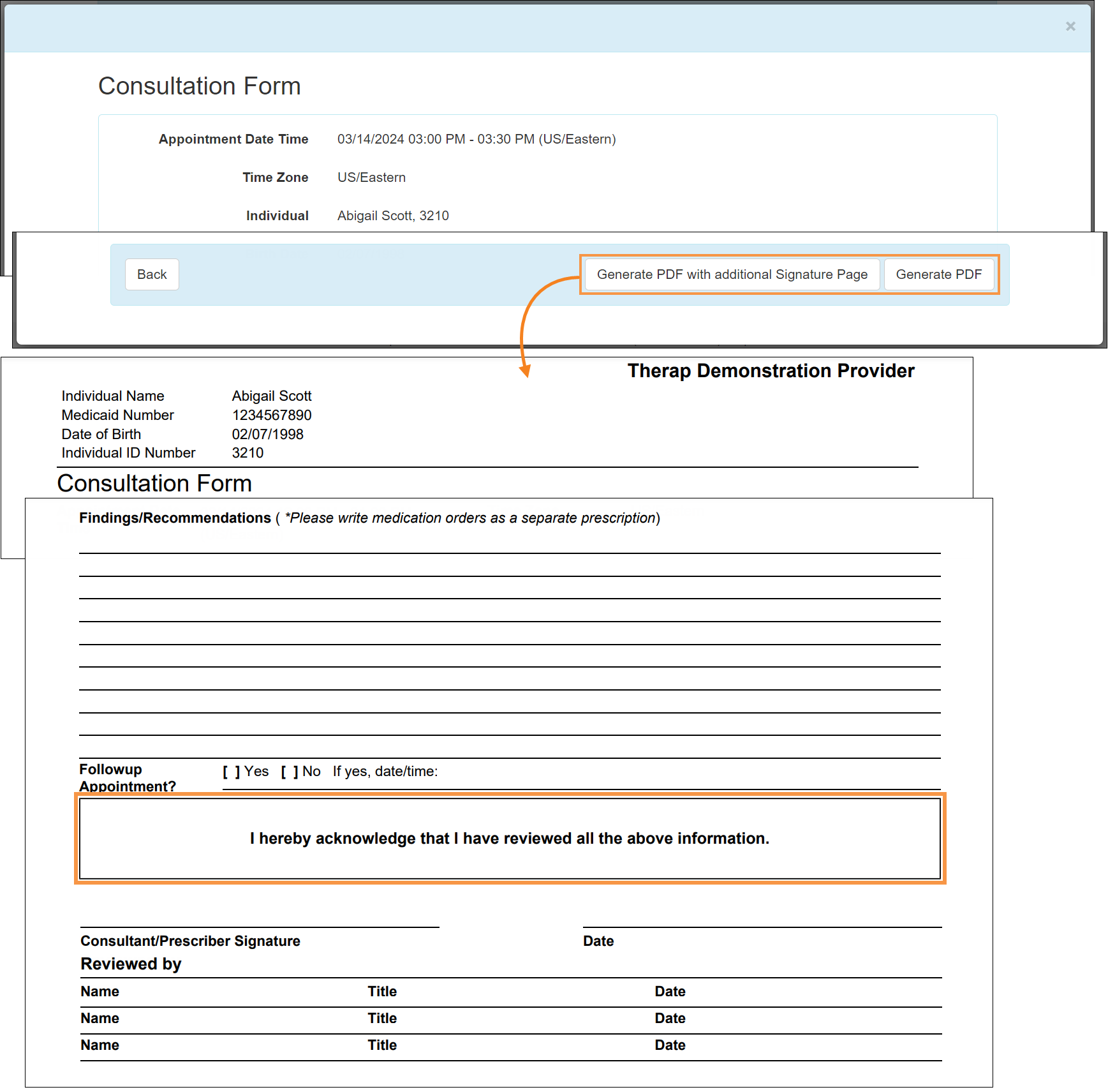 Screenshot showing PCM section in Consultation Form PDF.