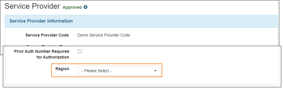 Screenshot of the Region field on the 'Service Provider' page.