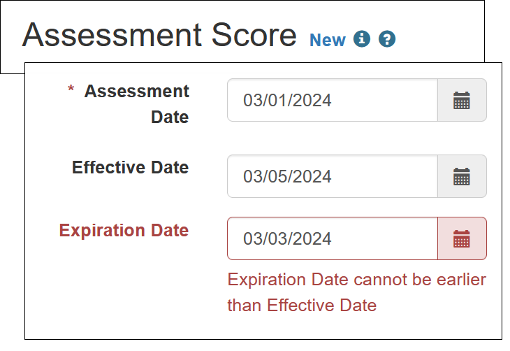 Screenshot showing the Assessment Score