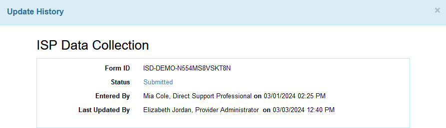 Screenshot of an archived ISP Data collection form