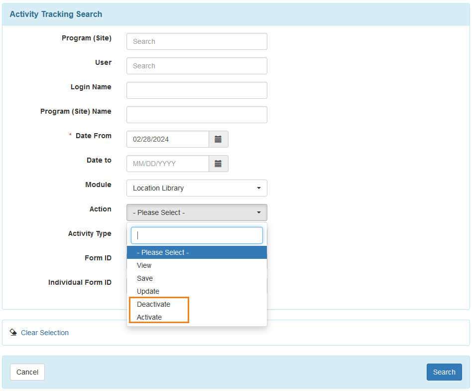 Screenshot of the Status column on the Location Library page