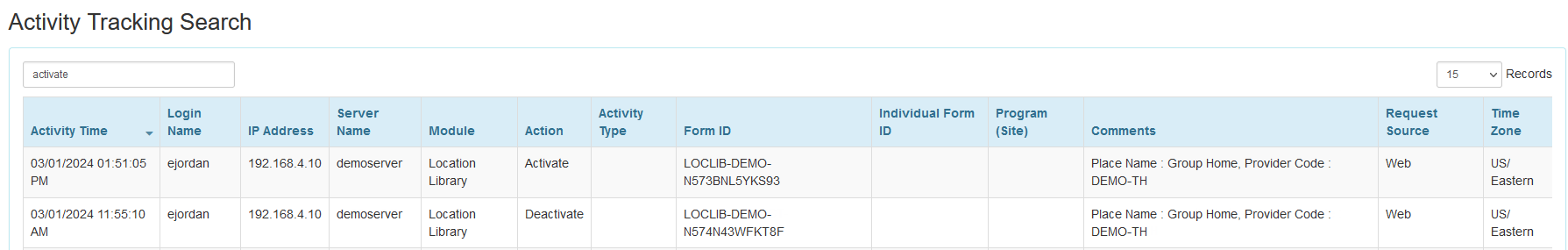 Screenshot of the Status column on the Location Library page