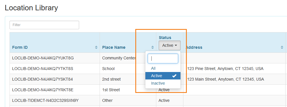 Screenshot of the Status column on the Location Library page