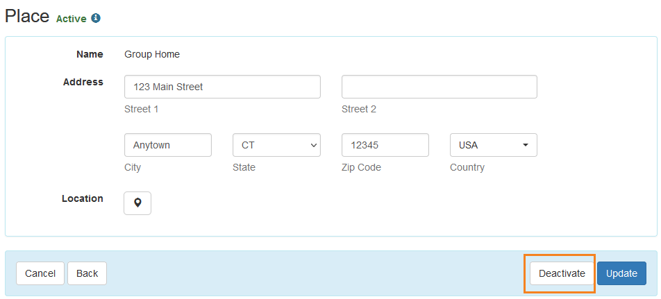 Screenshot of a Place form with the Deactivate button