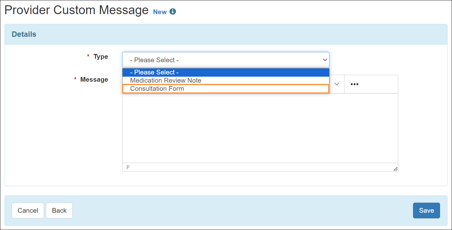 Screenshot showing Consultation Form Type option in PCM form.