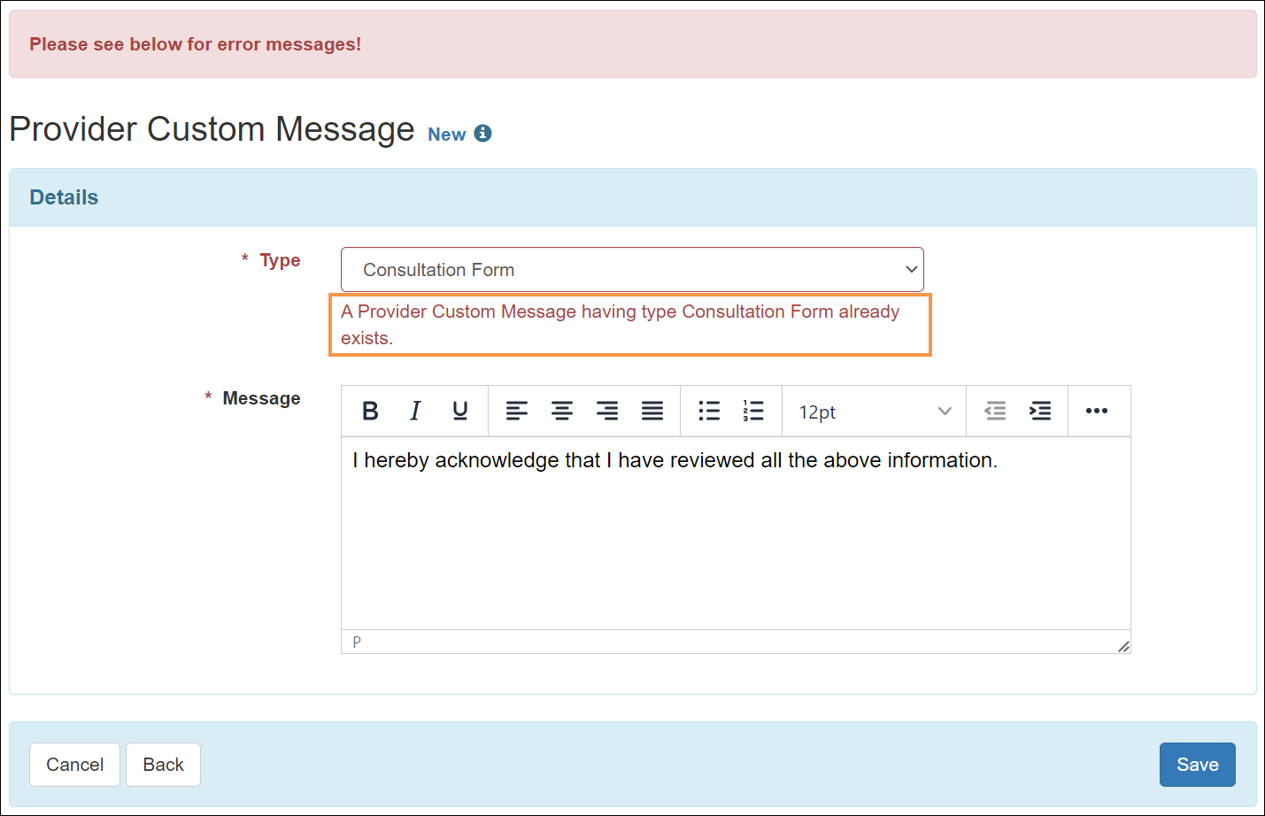 Screenshot showing validation message for Consultation Form Type option in PCM.