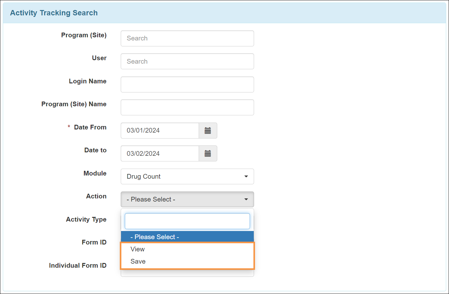 Screenshot showing the Actions for Drug Count.