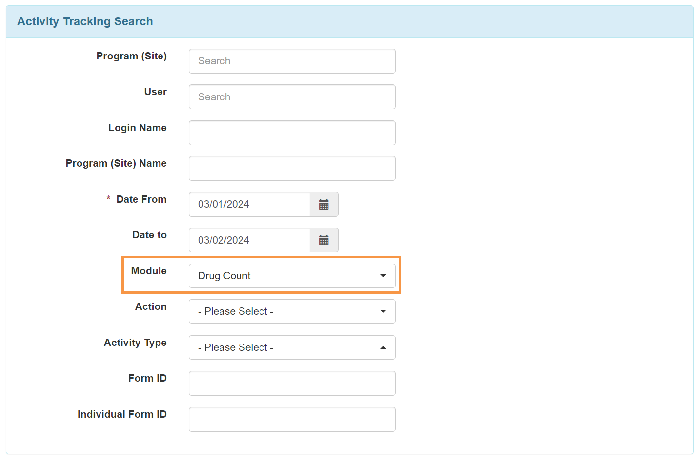 Screenshot showing the Drug Count in Activity Tracking.