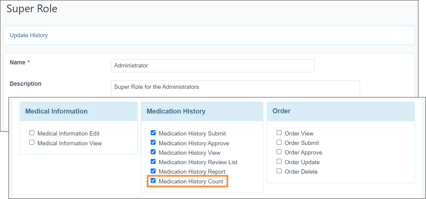 Screenshot showing the MH Count role in Super Role Page.