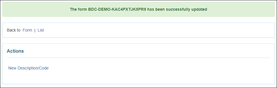 Screenshot of the confirmation message which is shown upon performing actions on the Service Description/Code form.