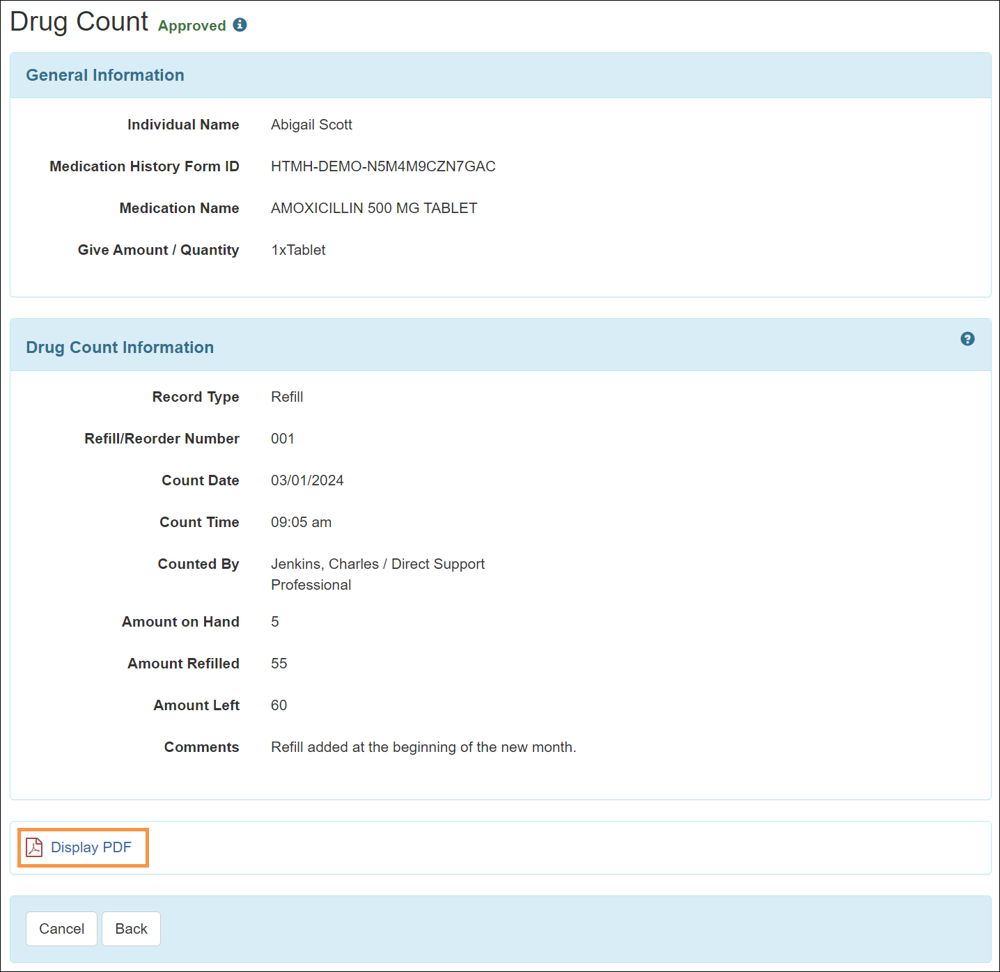 Screenshot showing the Drug Count Approved form.