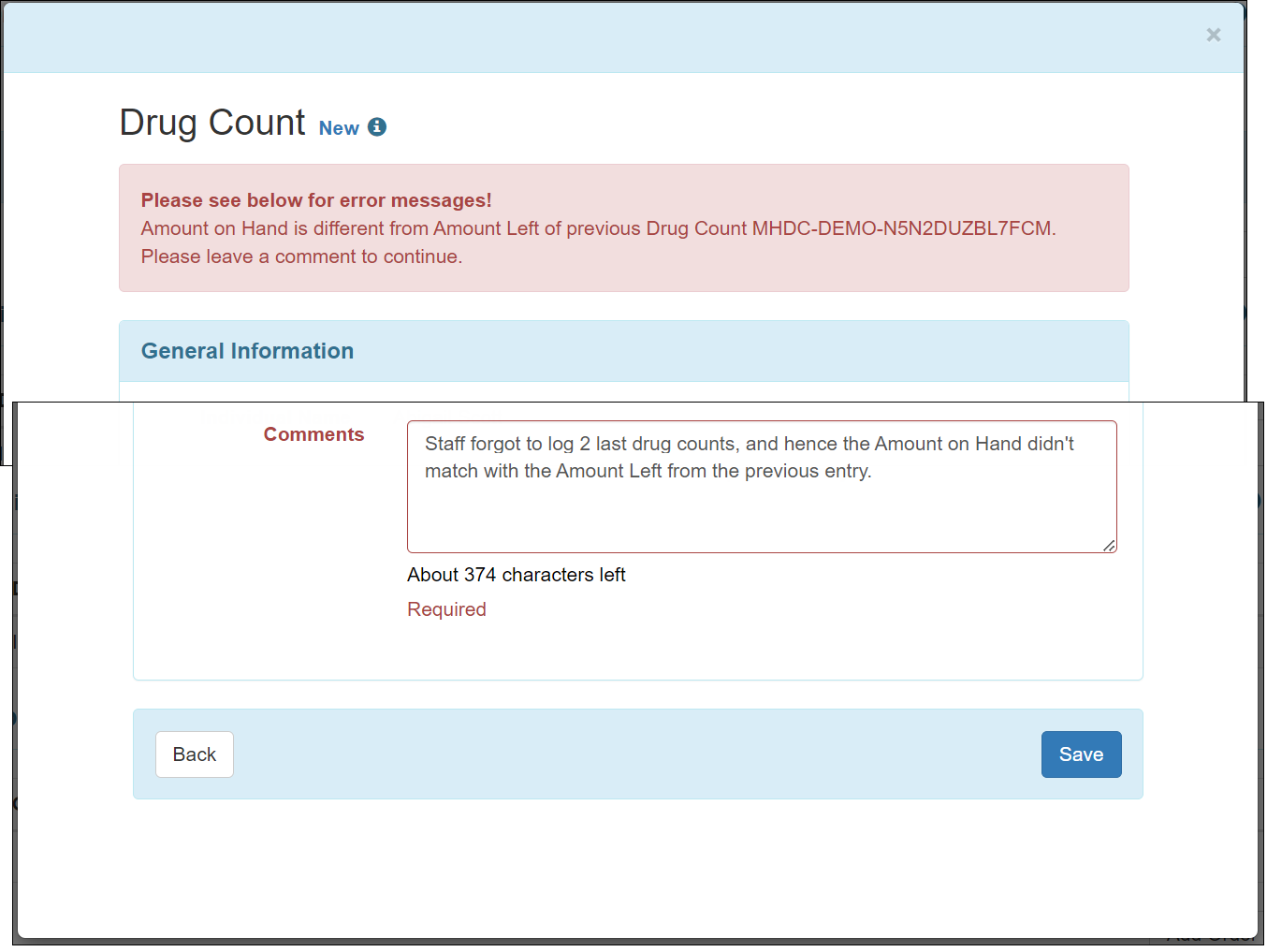 Screenshot showing the Drug Count validation for missing comments.