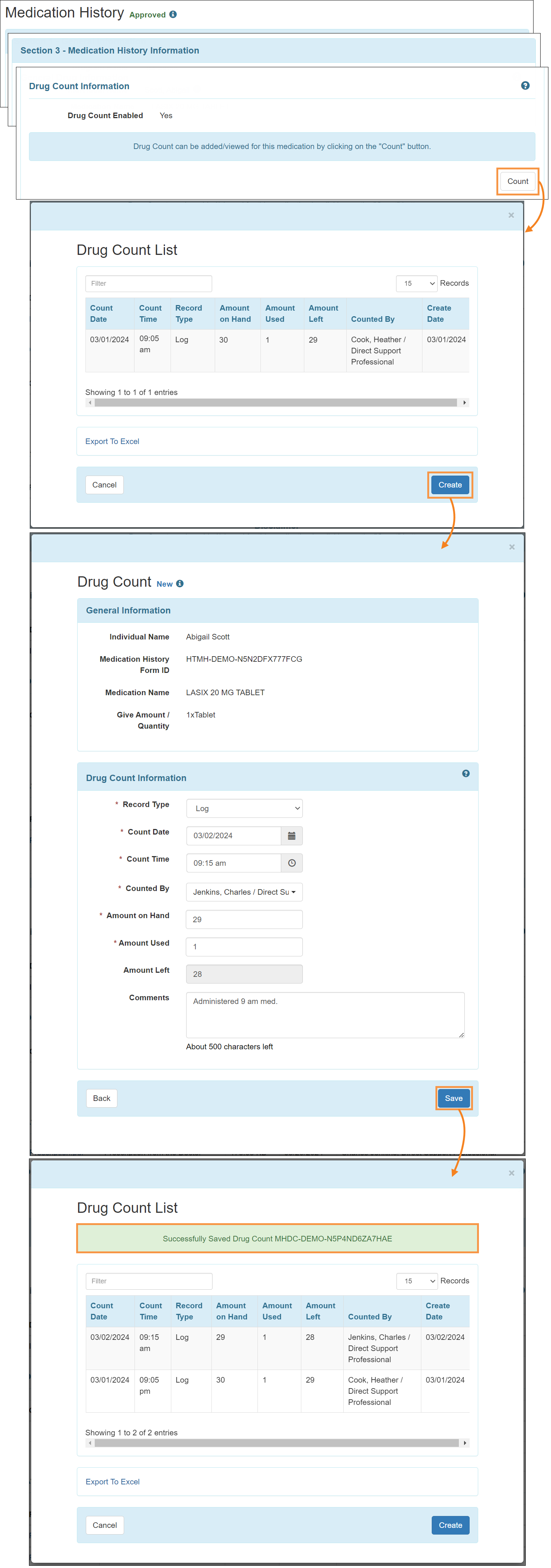Screenshot showing the Count button in MH form.