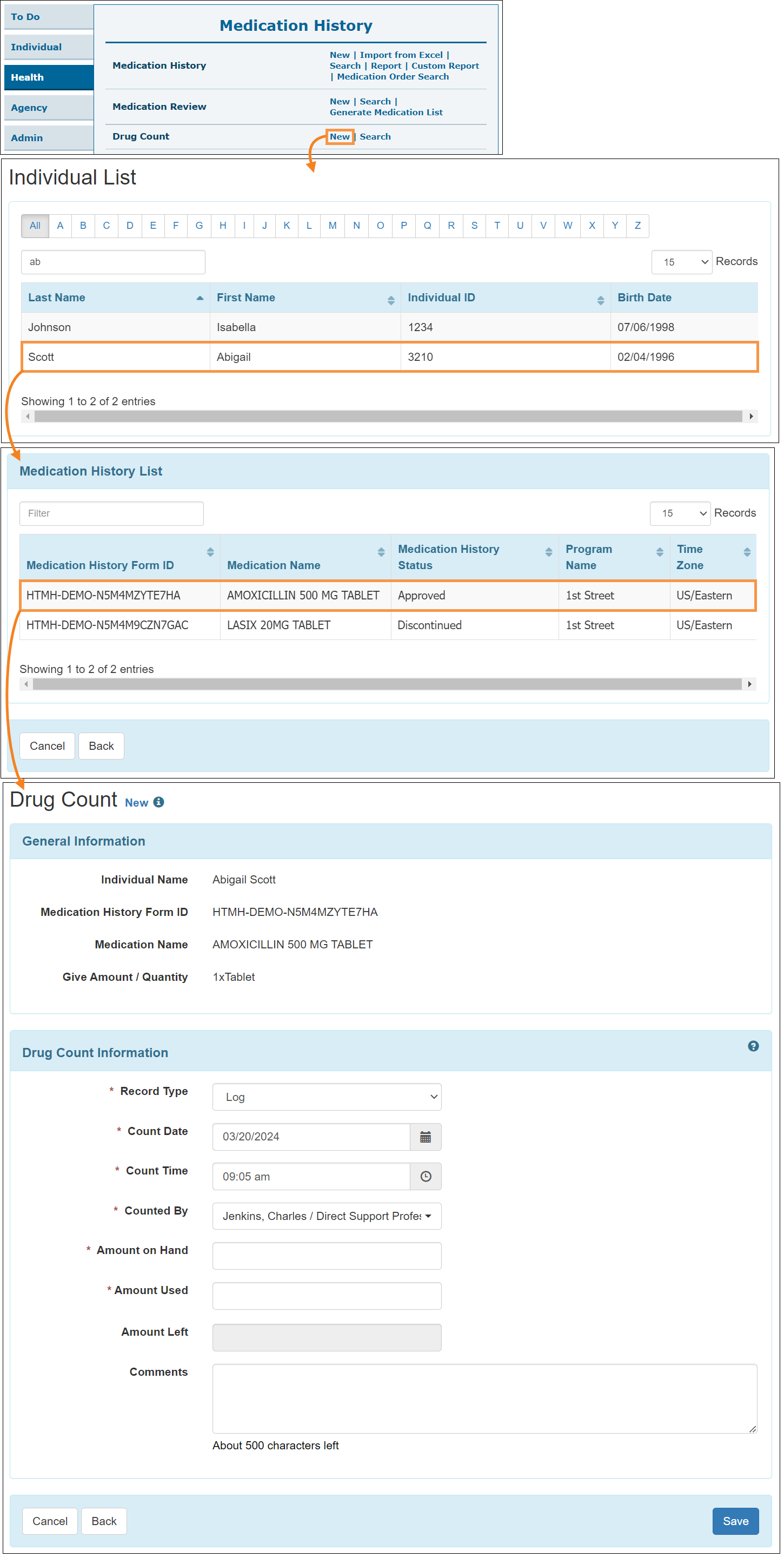 Screenshot showing the New Drug Count form.