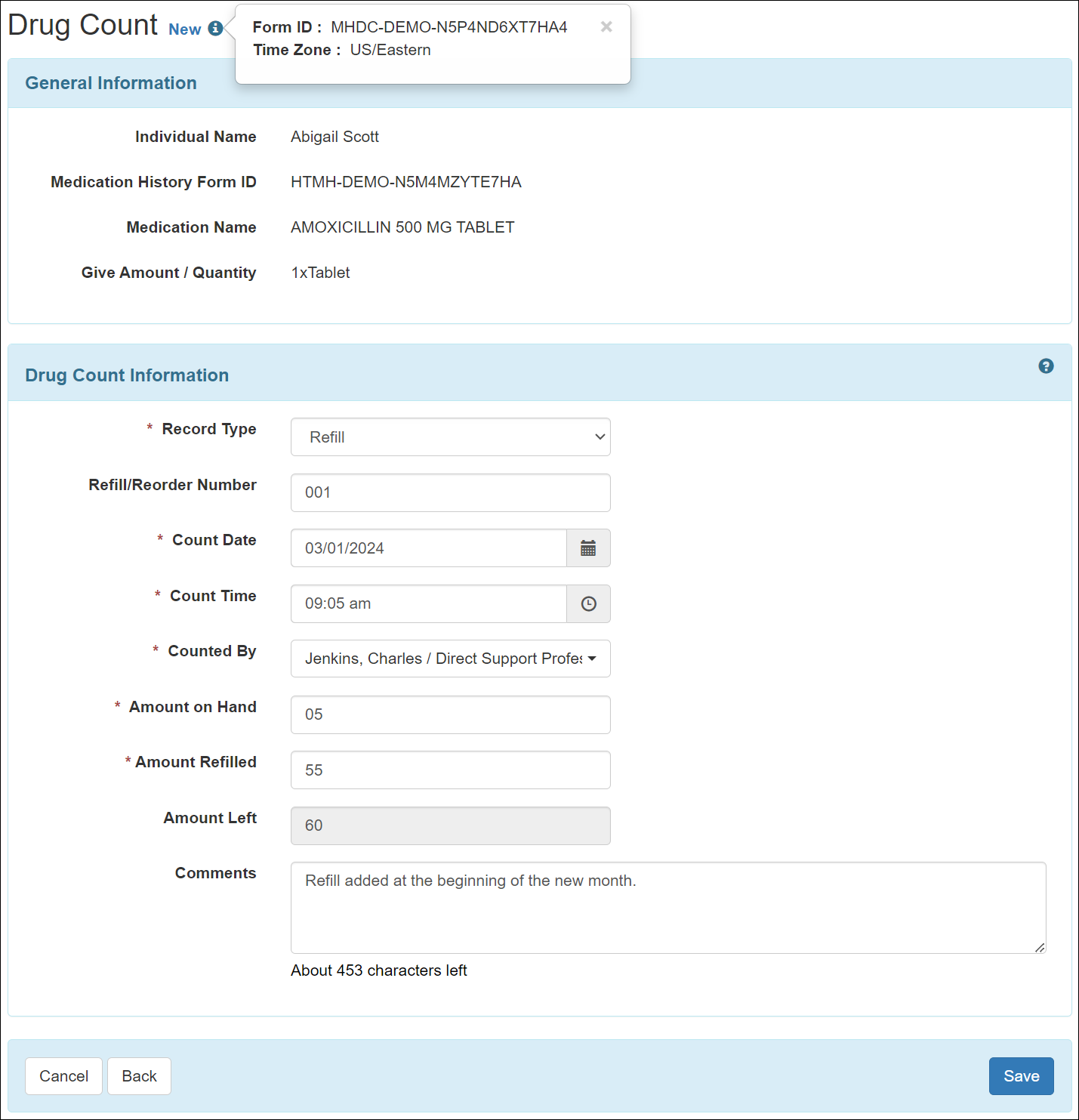 Screenshot showing the Drug Count New form.
