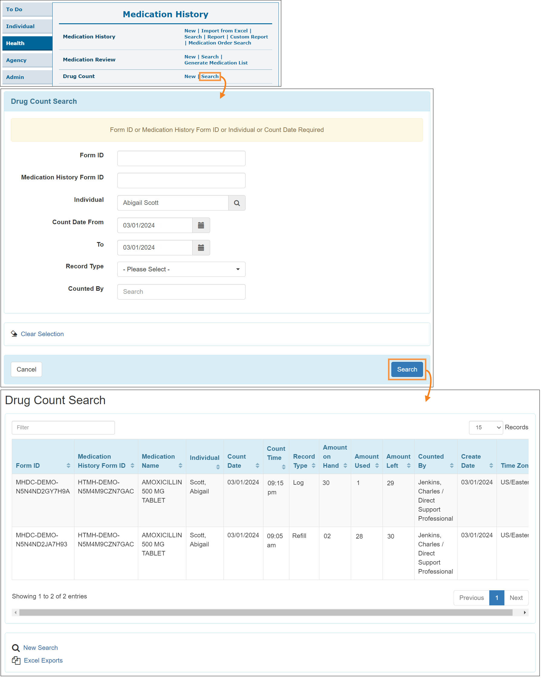 Screenshot showing the Drug Count search link.