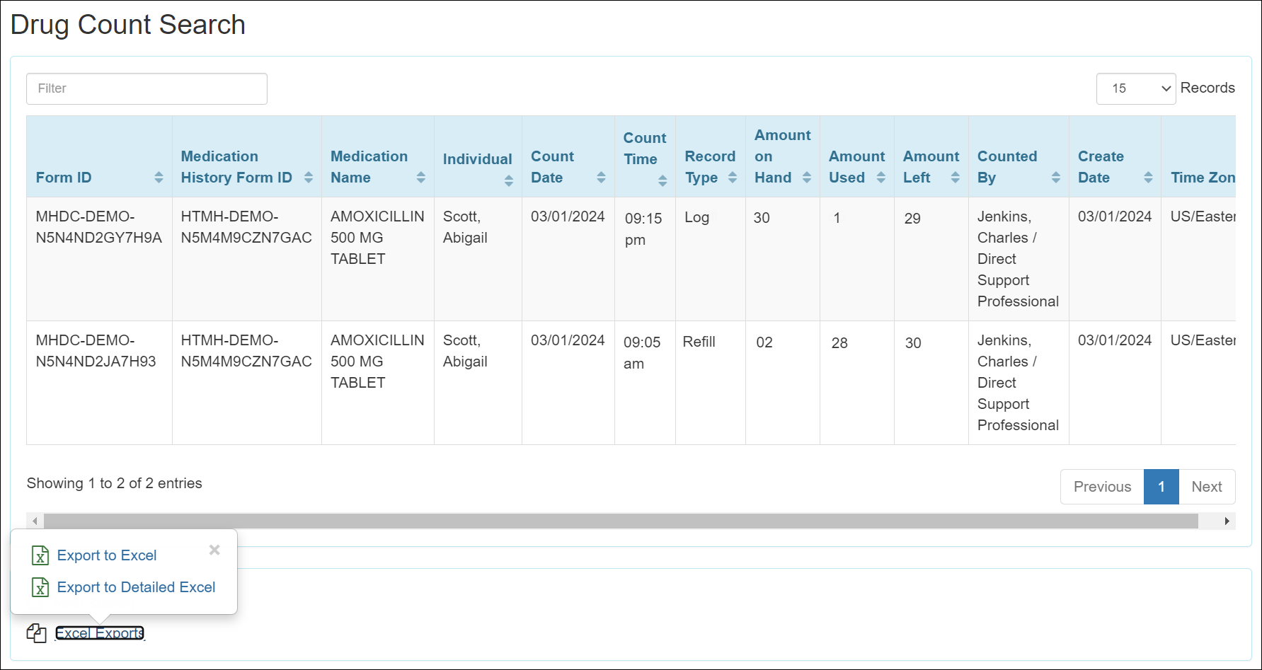 Screenshot showing the Drug Count search excel export.