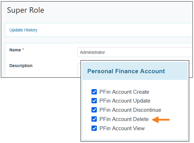Screenshot showing PFin Account Delete Super Role