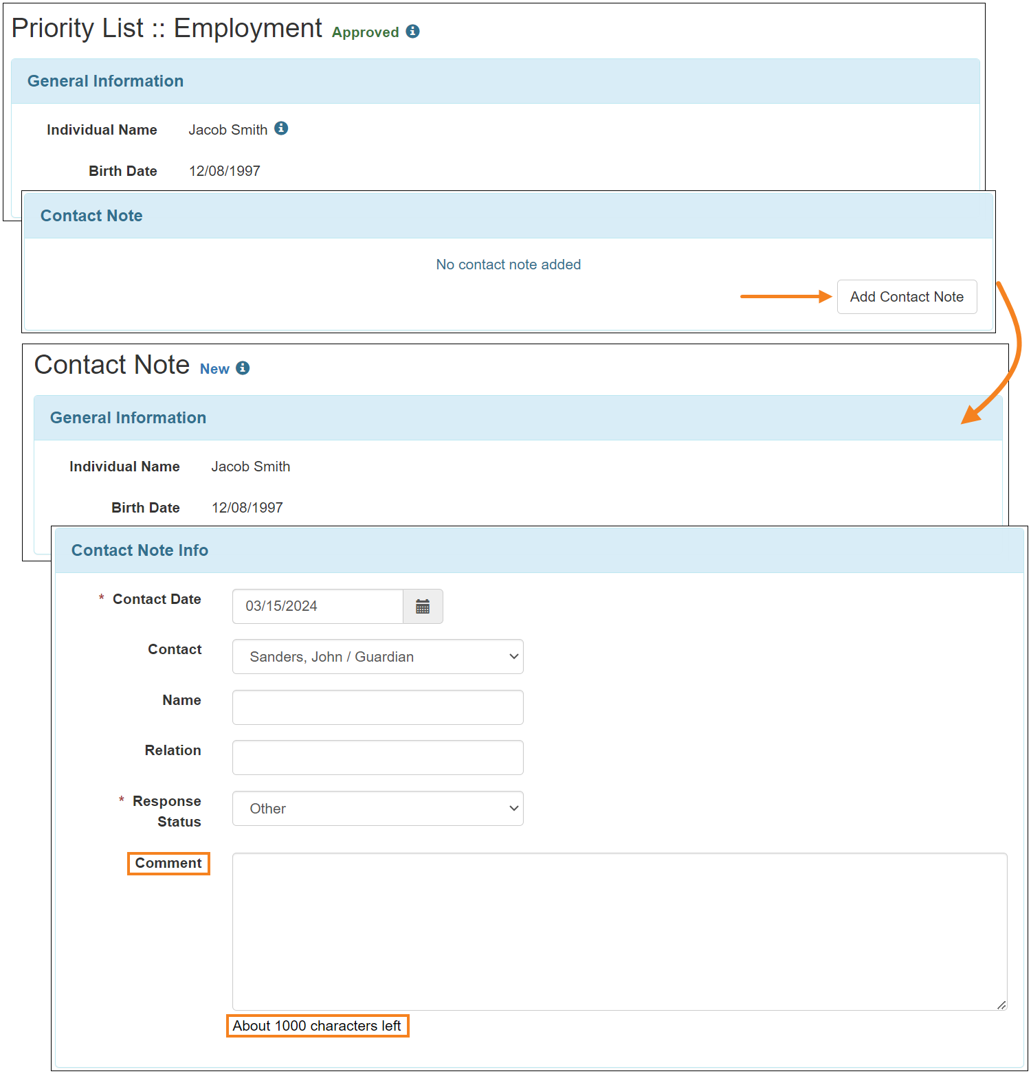 Screenshot showing the character increase in 'Comment' field.