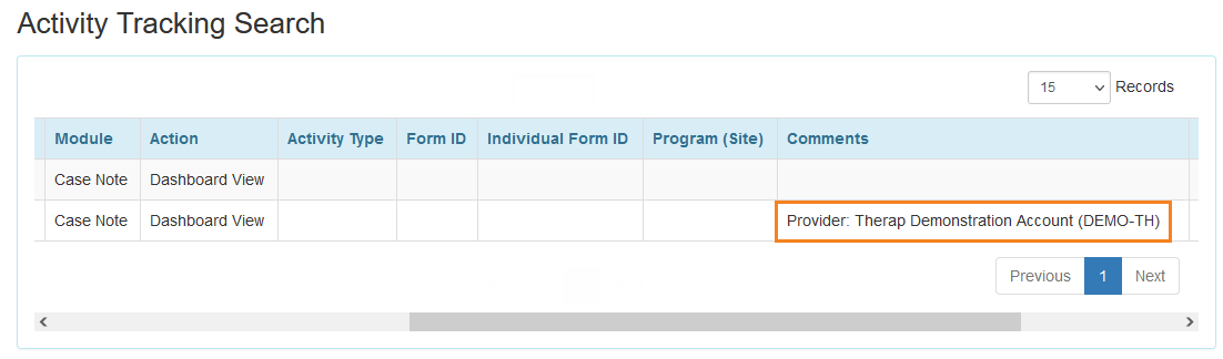 Screenshot showing Activity Tracking Search results page for Dashboard View action of Case Note module
