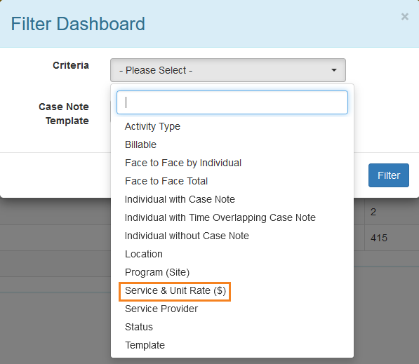 Screenshot showing Service & Unit Rate ($) of Case Note Dashboard