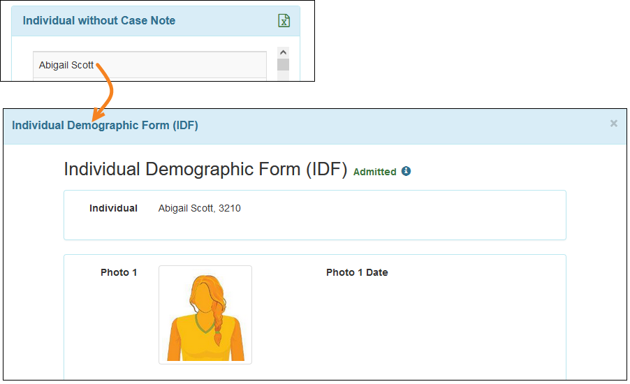 Screenshot showing Individual without Case Note section and popup IDF of Case Note Dashboard