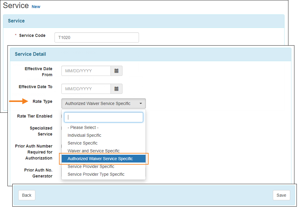 Screenshot of the Service form of the Service Directory showing the new option added to the drop-down list of the Rate Type field.