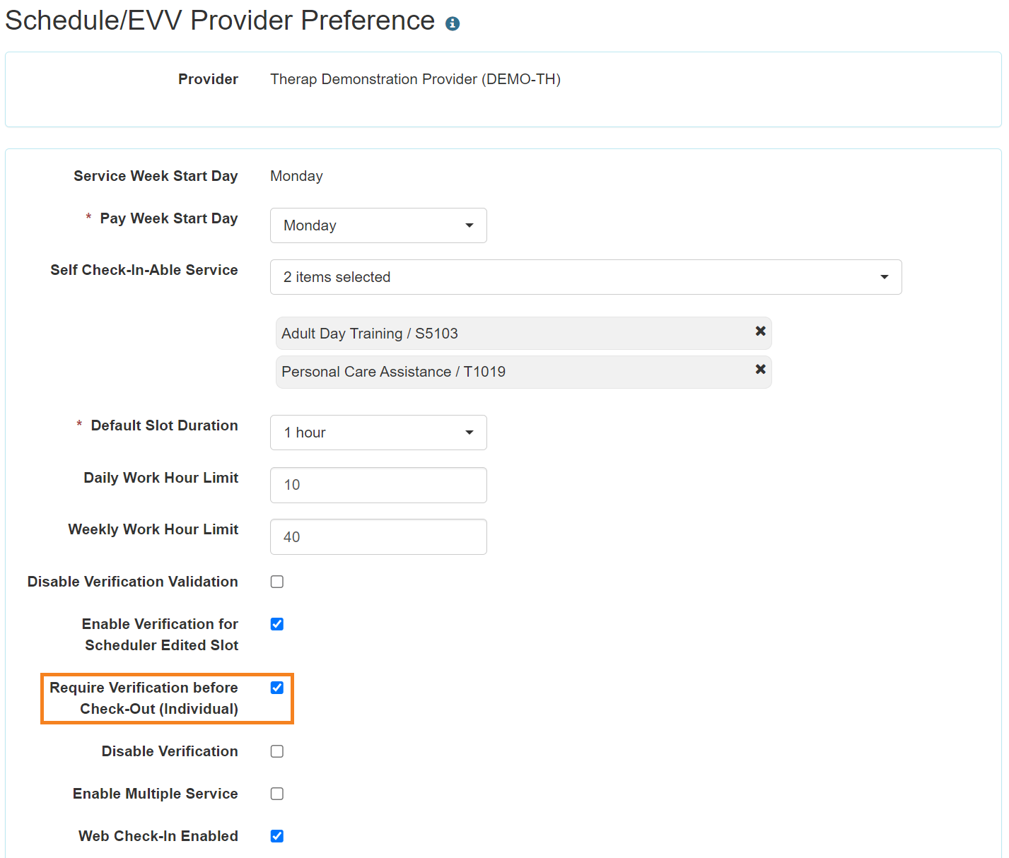 Screenshot of the Schedule/EVV Provider Preference page highlighting the Require Verification before Check-Out checkbox