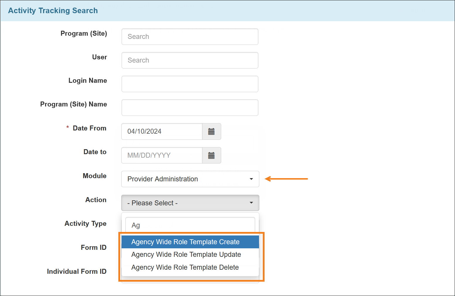 Screenshot showing the Activity Tracking Search page
