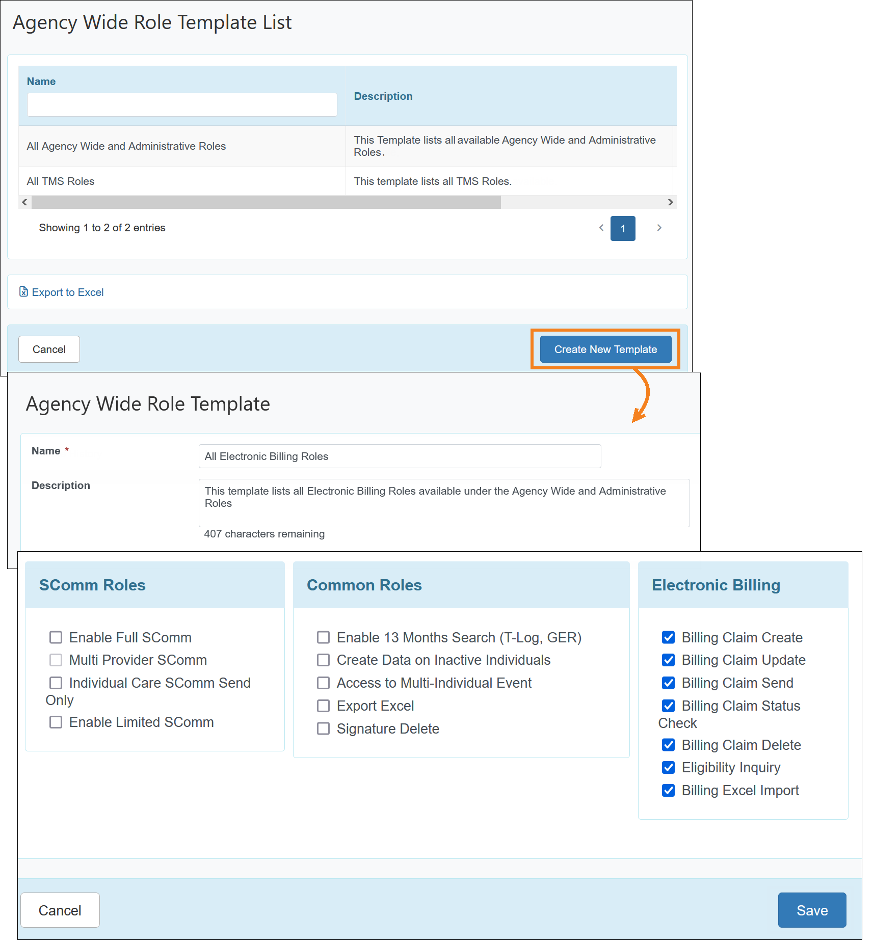 Screenshot showing the Agency Wide Role Template List and Agency Wide Role Template page