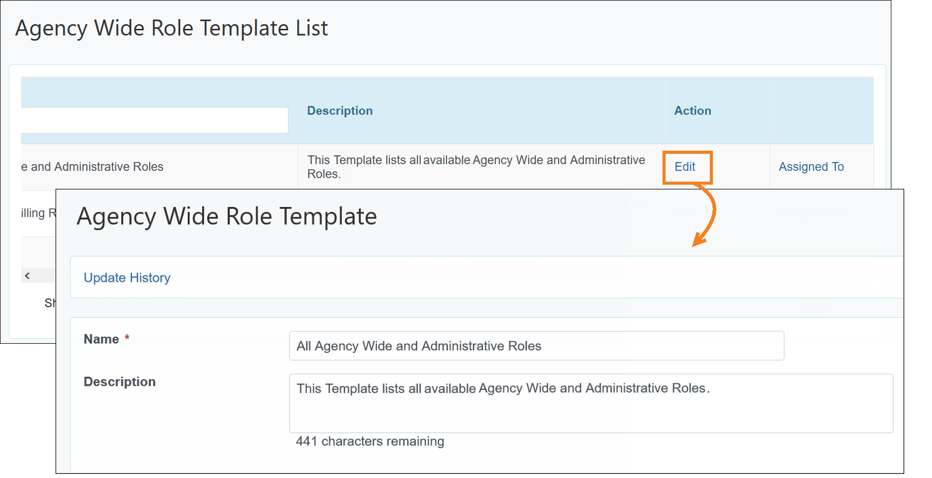 Screenshot showing the Agency Wide Role Template Edit feature