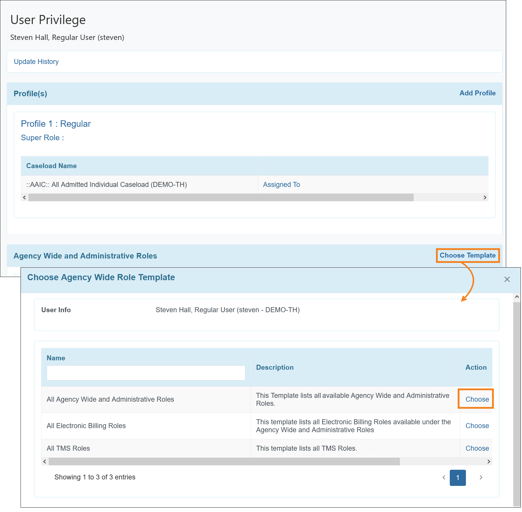 Screenshot showing the Change Template steps under the User Privilege