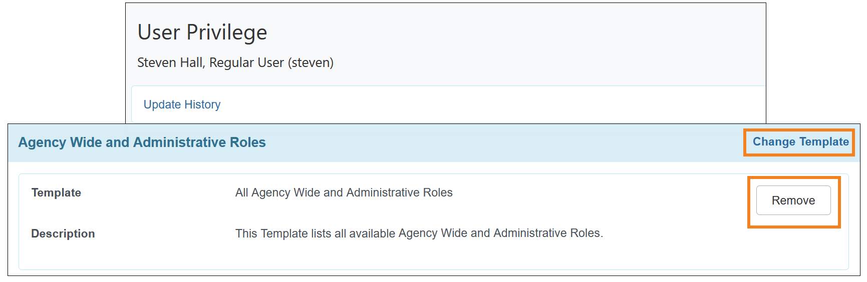 Screenshot showing how to Remove Template under the User Privilege