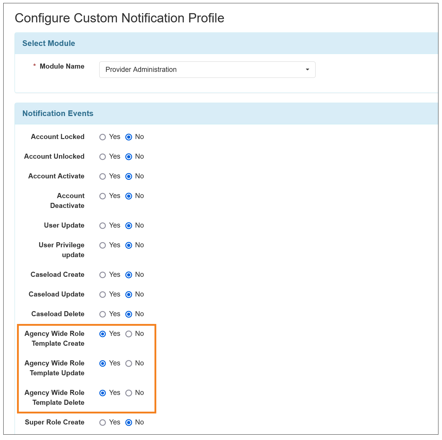 Screenshot showing the Configure Custom Notification Profile page