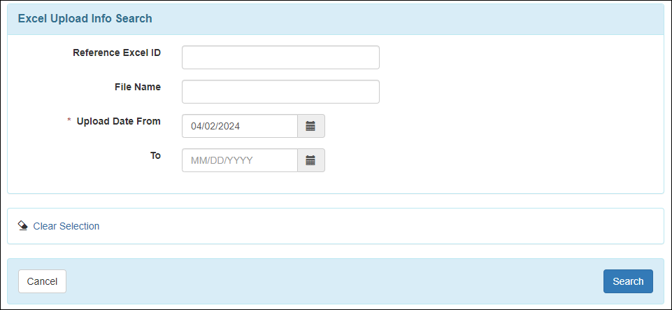 Screenshot showing the Excel Upload Info Search page