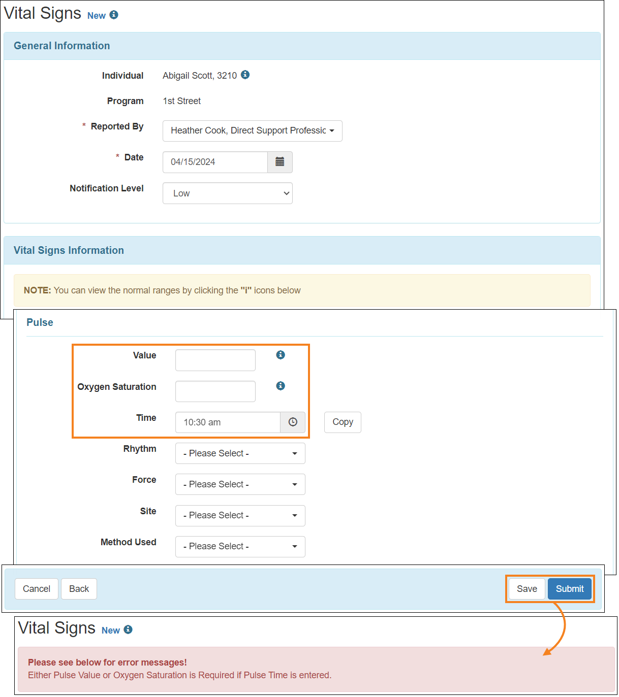 Screenshot showing the error message in Vital Signs form