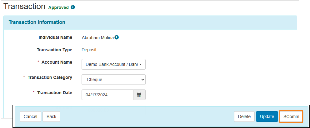 Screenshot showing the SComm button on the Transaction form
