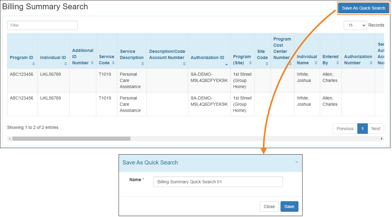 Screenshot showing Save As Quick Search button on the Billing Summary Search page